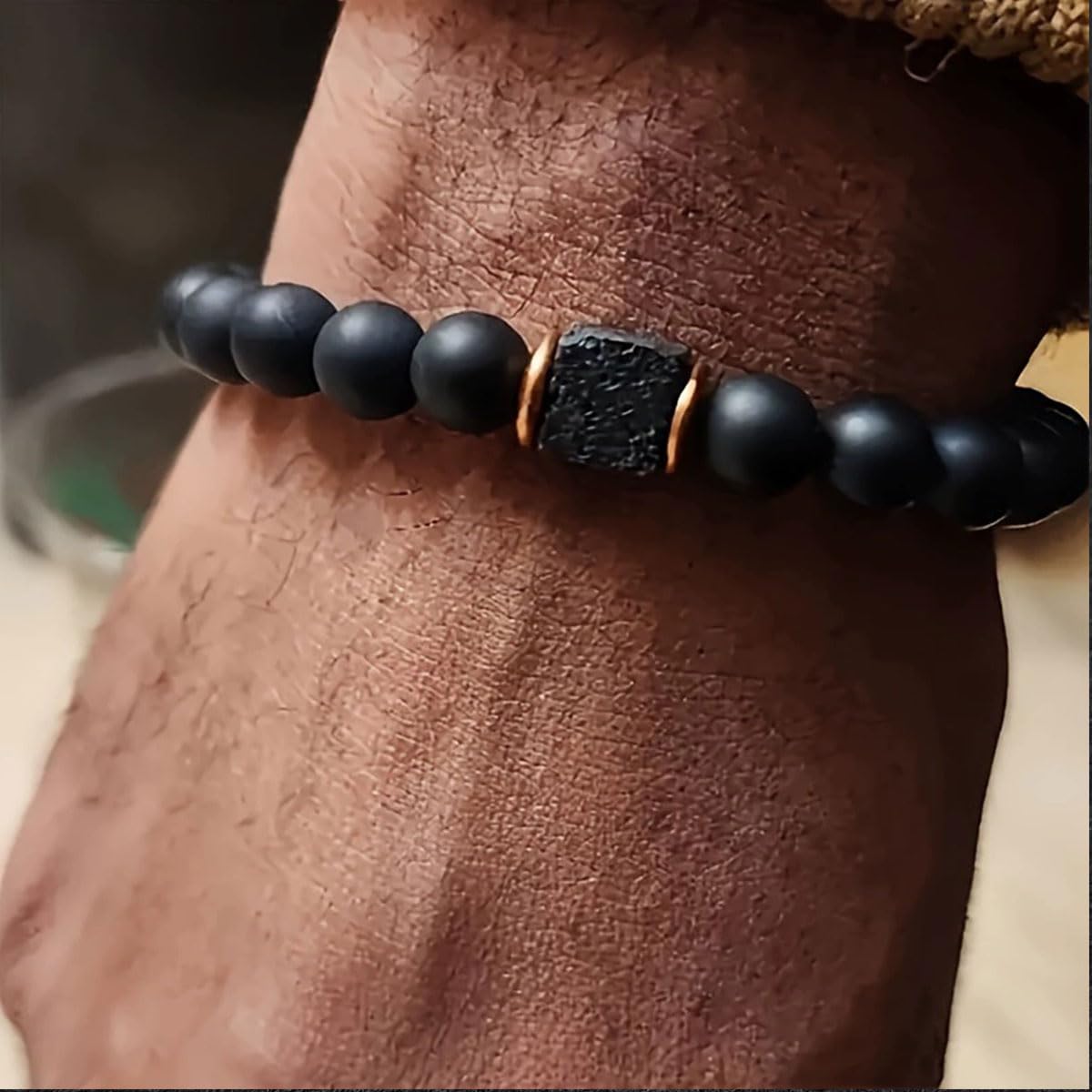 B-JWYFY Elastic Adjustable Mens Bracelet - 8mm Black Onyx & Lava Stone Beads Bracelets Jewelry Gift for Men, Beads Charm Bracelet with Elastic Cord, Birthday Gifts for Him Dad Husband