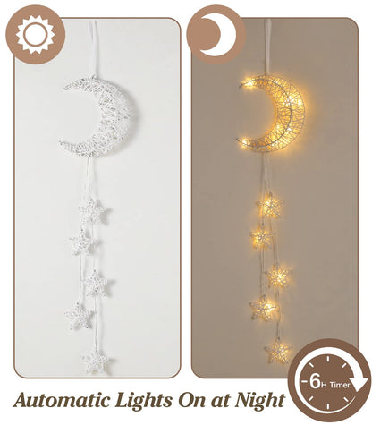 Lewondr Hanging Light,Rattan Moon Star Fairy Lights Indoor Decorative Lights Window Light Easy Operated Star Lights for Children's Room Bedroom Party Ramadan Decoration with Timer Fuction,White