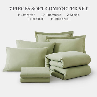 WRENSONGE Queen Comforter Set - 7 Pieces Sage Green Soft Bed in a Bag Queen with Fitted Sheet, Flat Sheet, 2 Pillow Shams, and 2 Pillowcases- Warm Bedding Sets Queen for All Season
