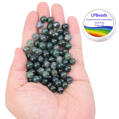 LPBeads 100PCS 8mm Natural Moss Agate Beads Gemstone Round Loose Beads for Jewelry Making with Crystal Stretch Cord