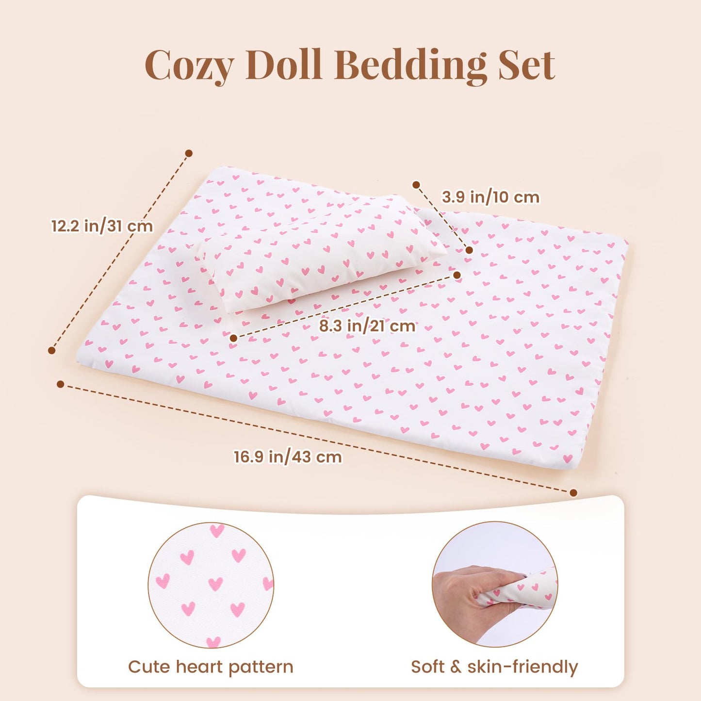 BABESIDE 3 Pcs Baby Doll Crib Set for Dolls up to 16 Inch, Wooden Baby Doll Accessories Babydoll Bed Dolls Cradle with Bedding Set for Kids Pretend Play Toys, Wood Doll Crib