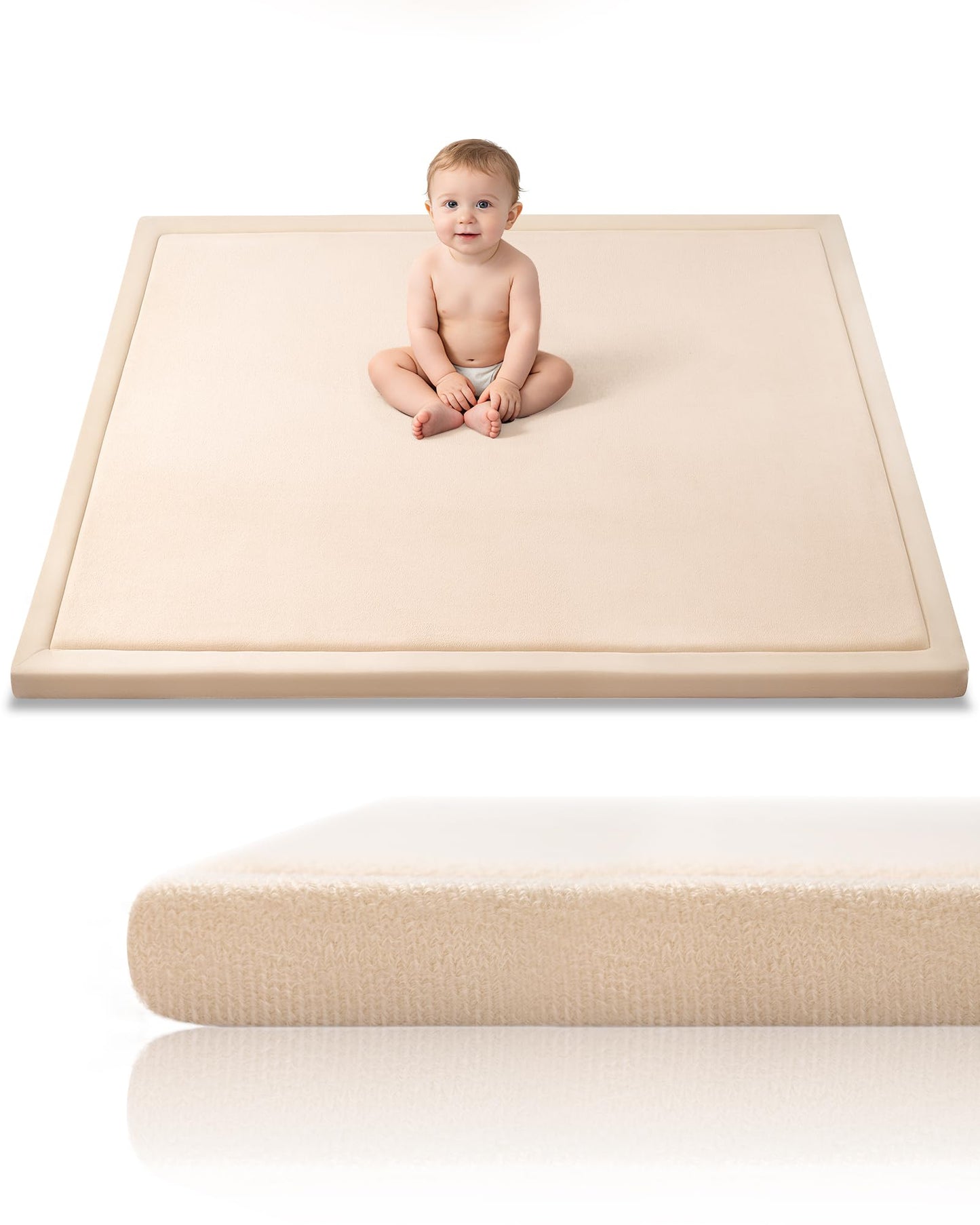 Ingdgnoso Baby Play Mat for Floor, 1.2" Thick Memory Foam 50"×50" Playpen Mat for Kids, Infants, Toddlers - Soft, Durable Baby Crawling Mat for Tummy Time, Sitting with Non-Slip Bottom (Beige)