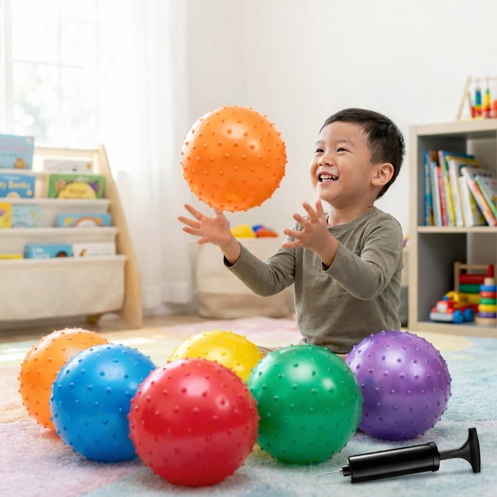 Bedwina Mini Knobby Balls - (Pack of 12) Bulk 5 Inch Sensory Balls and Spiky Massage Stress Balls with Pump, Fun Bouncy Ball Party Favors