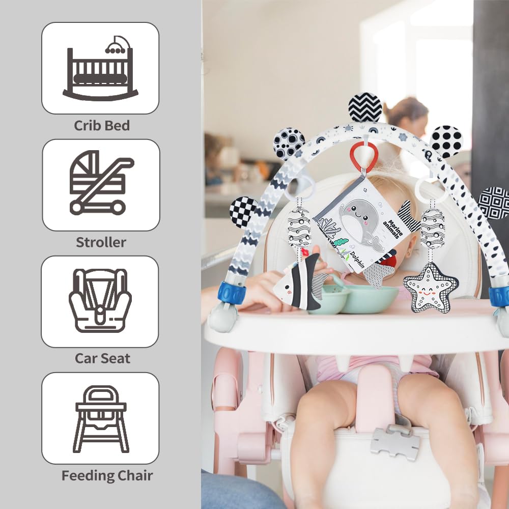 Baby Activity Travel Mobile Arch Bassinet Toy, Black and White High-Contrast Crib Toys, with Rattle and Book, Strolle,Pram and Crib Attachment with Hanging Toys (Ocean)