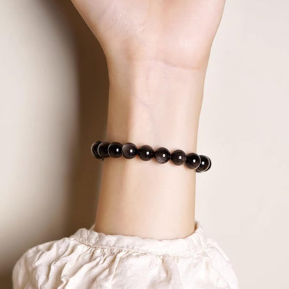 Cryhand Female 8mm Beaded Bracelets For Women Simulated Slivery Black Obsidian Bracelet for Men Handmade Lucky Money Stretchy Crystal Bracelets Best Gifts
