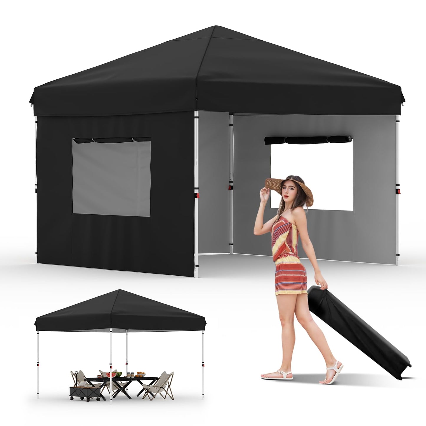 GarveeLife 10x10 Pop Up Canopy with 3 Sidewalls - Easy Up Camping Tent with One Button Push Setup - 1 Roller Bag, 3 Adjustable Height, 4 Weight Bags for Deck, Garden, Sports, Beach, Party - Black