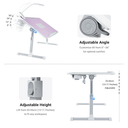 iXTRA Laptop Lap Desk with Cooling Fan - Adjustable Bed Desk with Light, Bed Table with Cup Holder&Phone Holder - Storage Drawer Desk - Folding Bed Desk,Purple,70x45cm