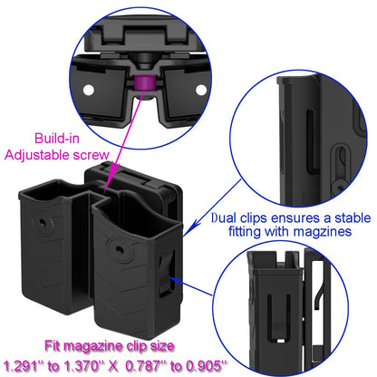 Universal Double Magazine Pouch, 9mm .40 Double Stack Mag. Holder Dual Holster with 1.5''-2'' Belt Clip for Glock Sig sauer S&W Beretta Browning Taurus H&K Most Pistol Mags