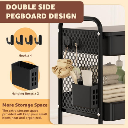 HIDODO 3 Tier Rolling Cart with Drawer, Metal Rolling Utility Cart on Wheels with Pegboard, Art Cart Storage Organizer with Tabletop for Living Room, Office, Bedroom (Black)
