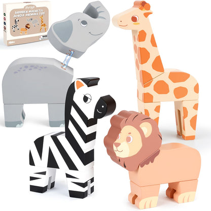 Joyreal Magnetic Jungle Animals Toy Play Set, 16 Pcs Wooden Building Blocks Play Set Toy for 1 Year Old, Fine Motor Montessori Game Preschool Educational Gift for Ages 1-5