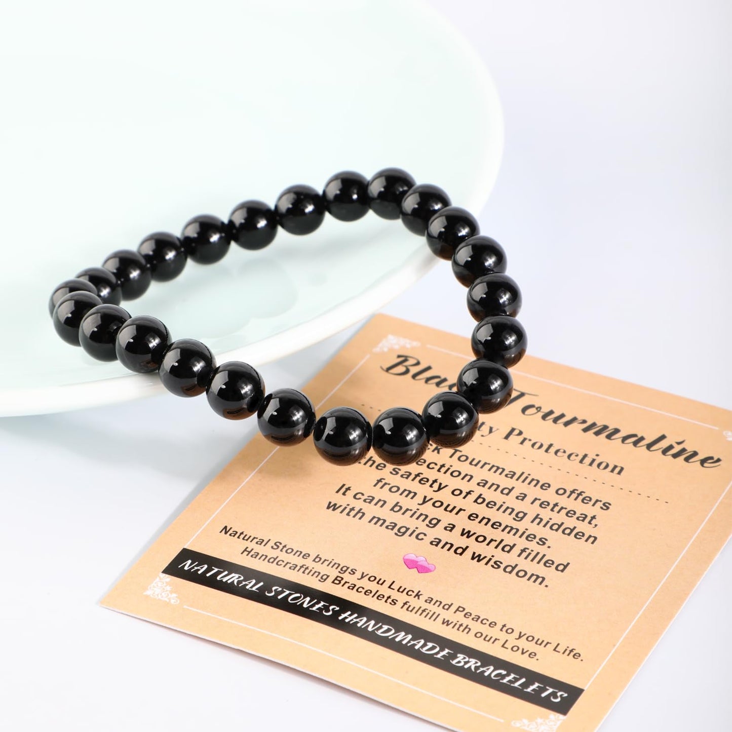 AD Beads 6mm Handmade Black Tourmaline Elastic Bracelet – Natural Gemstone for Safety Protection – Meditation, Yoga, Healing and Energy Gift for Men Women
