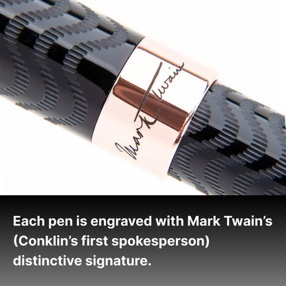Conklin Mark Twain Crescent Filler Fountain Pen - Black Chase with 18 Karat Rose Gold Trim - Flex Nib