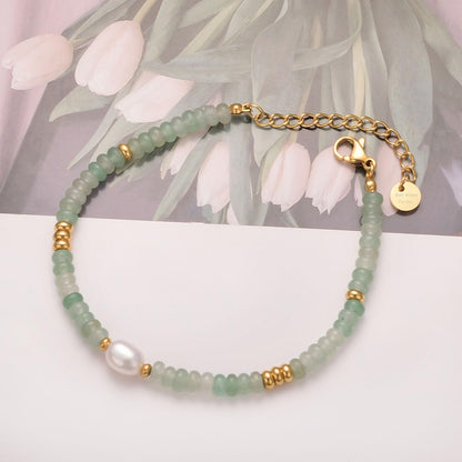 vissen Green Natural Stone Bracelet for Women with White Pearl Gold Plated Beaded Adjustable Dainty Jewellery