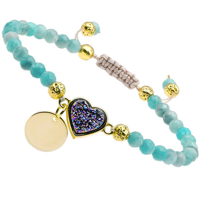 Nupuyai 4mm Faceted Stone Beads Bracelet for Women Men, Adjustable Healing Crystal Chakra Bracelet with Druzy Heart Charms, Amazonite