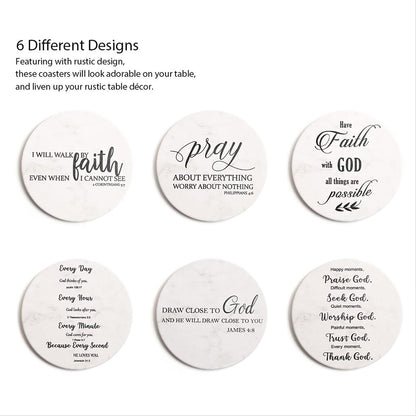Hoomey Coasters for Drinks with Bible Verses, Set of 6 Absorbent Drinks Coasters with Holder Ceramic Drink Coaster with Cork Backing for Table Protection, Christian Coasters, Christian Gifts