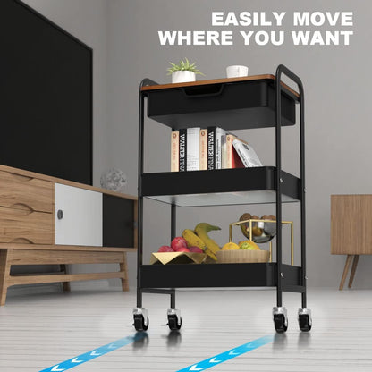 Aratan 3 Tier Rolling Cart with Drawer, Metal Utility Cart on Wheels Storage Cart with Wood Top, Kitchen Cart Art Cart Organizer for Bathroom Office Balcony Living Room