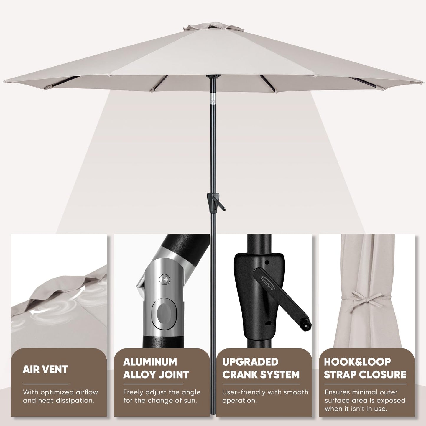 Tempera 9ft Patio Market Outdoor Table Umbrella with Push Button Tilt and Crank, Large Sun Umbrella with Sturdy Pole & Fade Resistant Canopy, Easy to Set, Beige