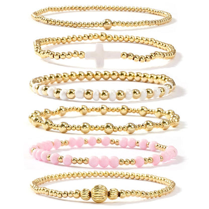 Bohxantium 14K Gold Beaded Bracelets for Women Boho Colorful Gold Beads Ball Stackable Stretch Christian Cross Bracelet Stack Waterproof Trendy Non Tarnish Jewelry Accessories Friendship Gift