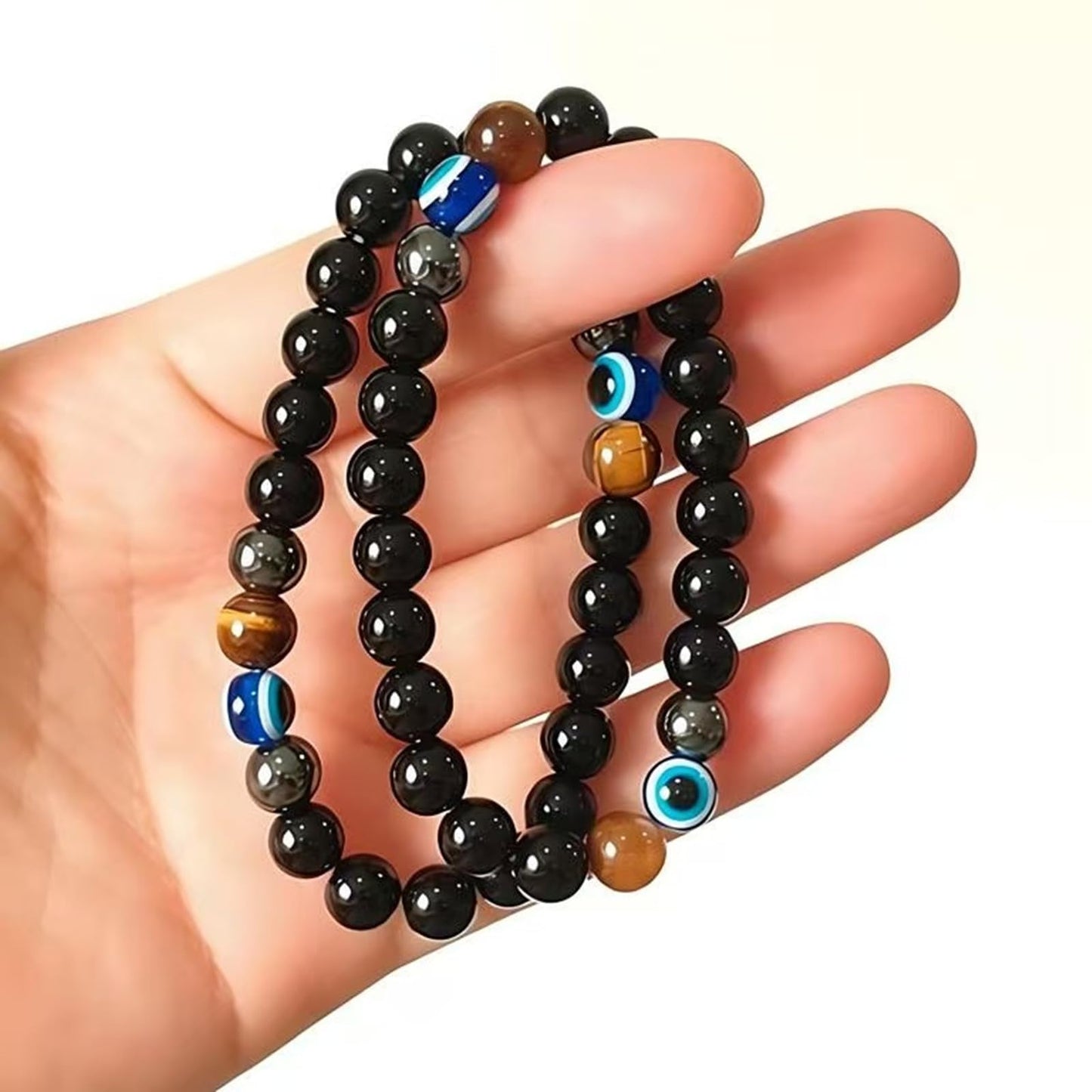 WEFRIN Evil Eye with Hematite Black Obsidian Tiger Eye Stone Triple Protection Bracelets for Men Women, Crystal Jewelry Stone Bracelets Bring Luck and Prosperity and Happiness (E-8mm(e))