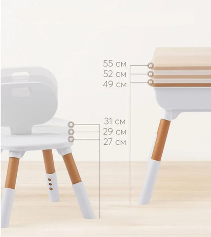 Tonlevo Toddler Desk & Chair Set - Adjustable Height Kids Table with Storage, Solid Wood Legs, Ergonomic for Arts & Crafts, Learning, Snacks & Play (Ages 1-8) - Tool-Free Assembly, White/Natural Wood