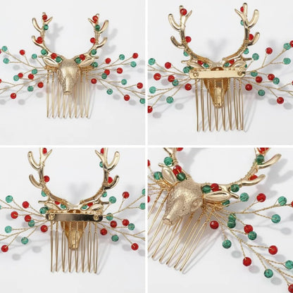 Reindeer Antler Hair Comb with Red Green Beads Gold Christmas Antler Side Comb for Women Cute Xmas Headpiece Red Bridal Accessories for Wedding Birthday Festive Party