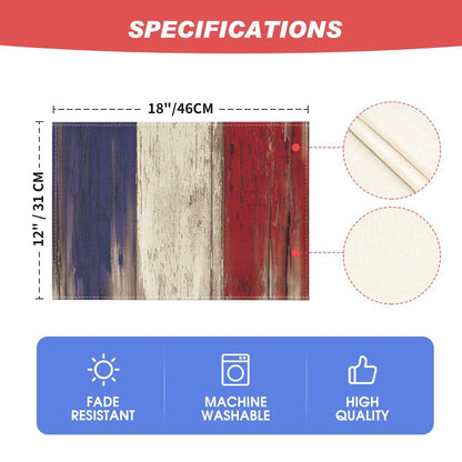Artoid Mode Wood Style Stripes 4th of July Placemats Set of 4, 12x18 Inch Memorial Day Patriotic Table Mats for Party Kitchen Dining Decoration