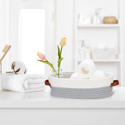 HLWDFLZ Bathroom Countertop Organizer Basket, Cotton Rope Woven Storage Basket Toilet Paper Decorative Basket for Bathroom, Bedroom, Living Room, Entryway 13"x6.3"x4.3" (Off White/Gray)