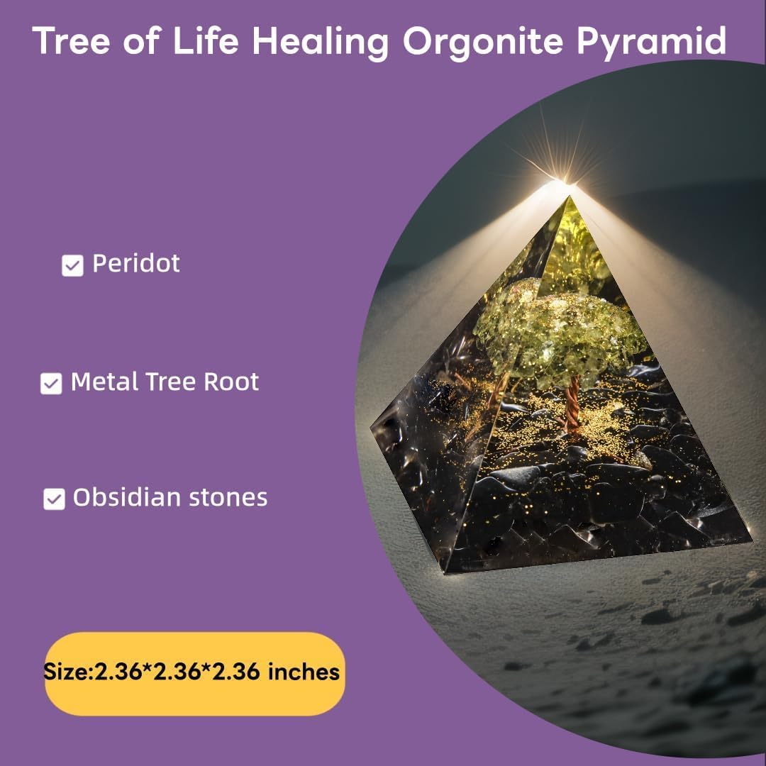 EternalOrgone Tree of Life Orgone Pyramid for Positive Energy, Orgonite Peridot&Obsidian Healing Crystal for Reduce Stress Chakra Reiki Healing Meditation Attracts Lucky and Success