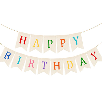 Doumeny Happy Birthday Burlap Banner Boho Birthday Garland Banner Rainbow Bohemian Bunting Garland White Birthday Hanging Bunting Multicolor Birthdays Sign Party Flag for Home Mantel Fireplace Nursery