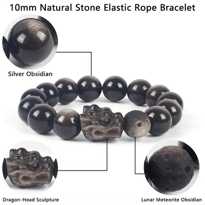 Natural Obsidian Bracelet For Men 10MM | Adjustable Stone Beaded Bracelet | Handmade Obsidian Stretch Elastic Bracelet for Men Women Gifts | with Dragon-Head Sculpture | Black and Silver 7.5"