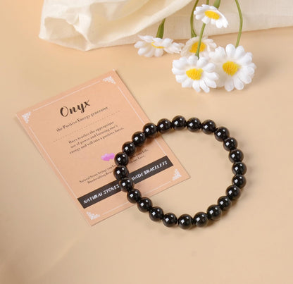 AD Beads Handmade Gemstone Stretch Elastic Bracelet Crystal Healing Reiki Nature's Beauty and Spiritual Essence Unisex (8mm, Black Onyx)