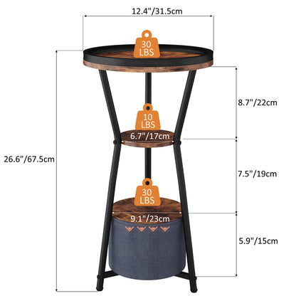 Yusong Round Side Table, Small Drink Table for Small Spaces, 3-Tier Industrial End Table, Accent Nightstand Bedside Table for Living Room, Bedroom, Sofa Couch, Rustic Brown