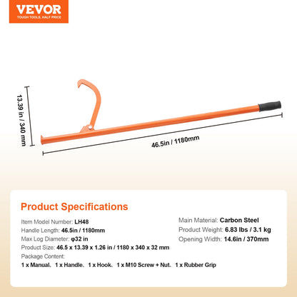 VEVOR 46.5'' Felled Cant Hook Logging Tool, Adjustable Heavy Duty Steel Log Roller, Log Lifter Timber Jack with Rubber Grip, Forestry Logging Tools for Lifting and Handling Logs up to 32" Dia