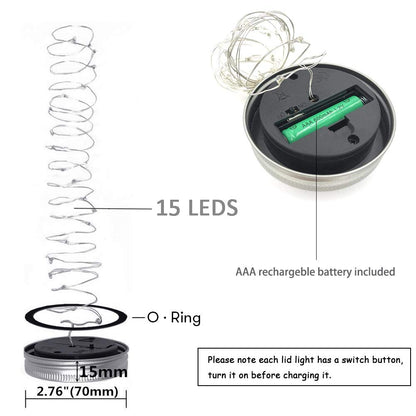 SunKite Solar Mason Jar Lid String Lights, 6 Pack 15 Led String Fairy Star Firefly Jar Lids Lights (Jars Not Included), for Mason Jar Patio Garden Wedding Lantern Table Decoration (Cool White)