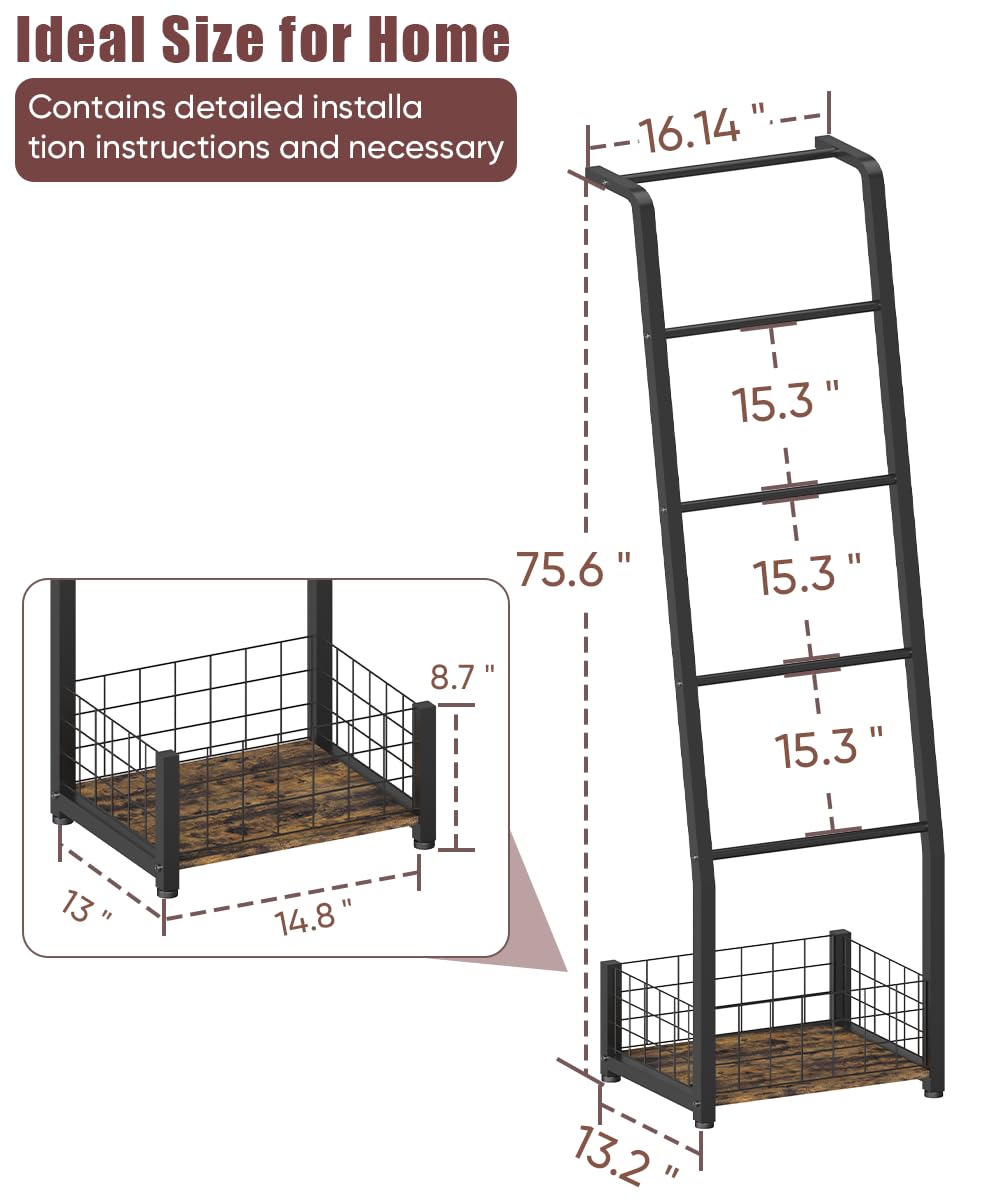 Ansionsol 6.3ft Blanket Ladder with Storage Basket, 5 Tier Decorative Ladder Shelf Stand for Living Room & Bedroom, Wall-Leaning Blanket Holder Quilt Rack for Home Décor, Rustic Brown & Black