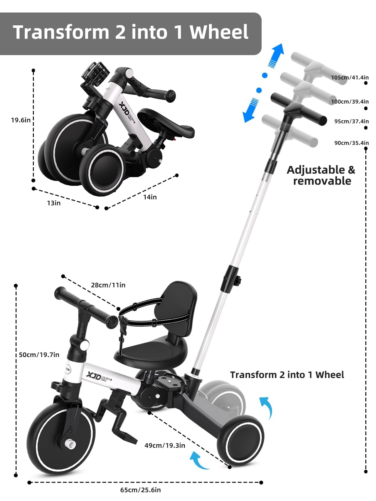 XJD Toddler Bike, 6 in 1 Folding Toddler Tricycle for 1-4 Year Old with Parental Control Handle, Balance Bike with Removable Pedal, Backrest, Adjustable Seat Height, First Birthday Gifts (White)