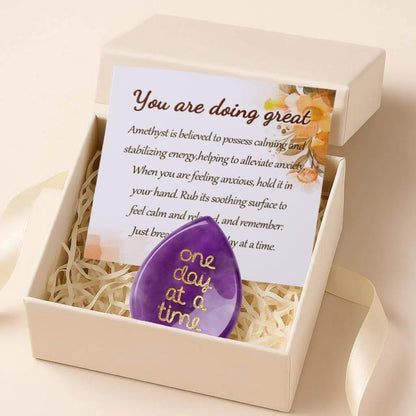 QINJIEJIE One Day at A Time Gifts Amethyst Healing Crystals Worry Stones for Anxiety Relief Items You Got This Inspirational Thinking of You Gifts for Women Men Encouragement Gifts for Best Friends