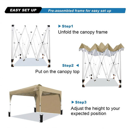 MAOO 10x10 Pop Up Canopy Tent with Sidewall, Easy Setup Instant Outdoor Canopy, 210D Silver Coated Waterproof UPF 50+ Sun Shade Shelter, Heavy Duty Steel Frame, Roller Bag, Khaki