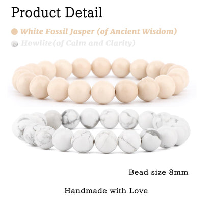NCB 2-Piece 8mm Natural Crystal Gemstone Stretch Bracelets – ﻿Howlite, White Fossil Jasper Handmade Reiki Energy Healing Jewelry for Meditation,Yoga, Unisex