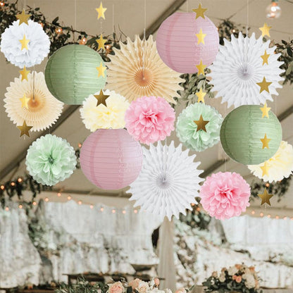 Sage Green and Pink Party Decorations Paper Lanterns Decorative Pink Gold Tissue Paper Pom Poms Sage Green Party Decorations Gold Star Garland for Baby Shower Bridal Shower Birthday Wedding Engagement