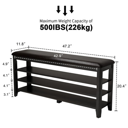 AQIMUELE Shoe Bench with Leather Cushion, 3 Tiers Shoe Storage Bench Height Adjustable, Walnut Wood Entryway Bench for Hallway, Mudroom