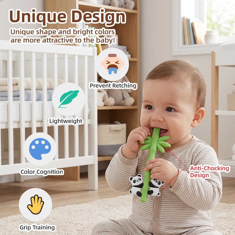 Baby Teether Toy Panda Shape Silicone Teething Toys for Babies 0-24 Months, Chew Toys for Infants Teething Relief, Hollow Tube Toothbrush Head for Gum Massage and Self-Brushing Training, Easy to Grip