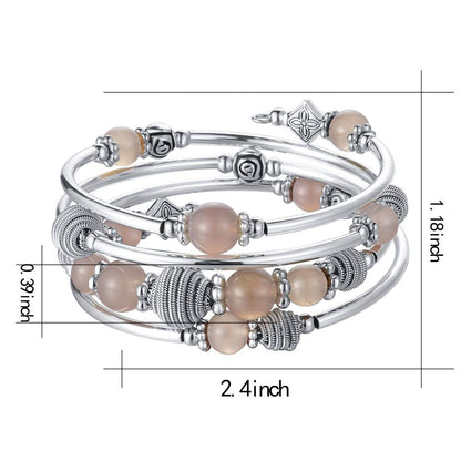PEARL&CLUB Beaded Chakra Bangle Turquoise Bracelet - Fashion Jewelry Wrap Bracelet with Thick Silver Metal and Mala Beads, Birthday Gifts For Women(Agate grey)