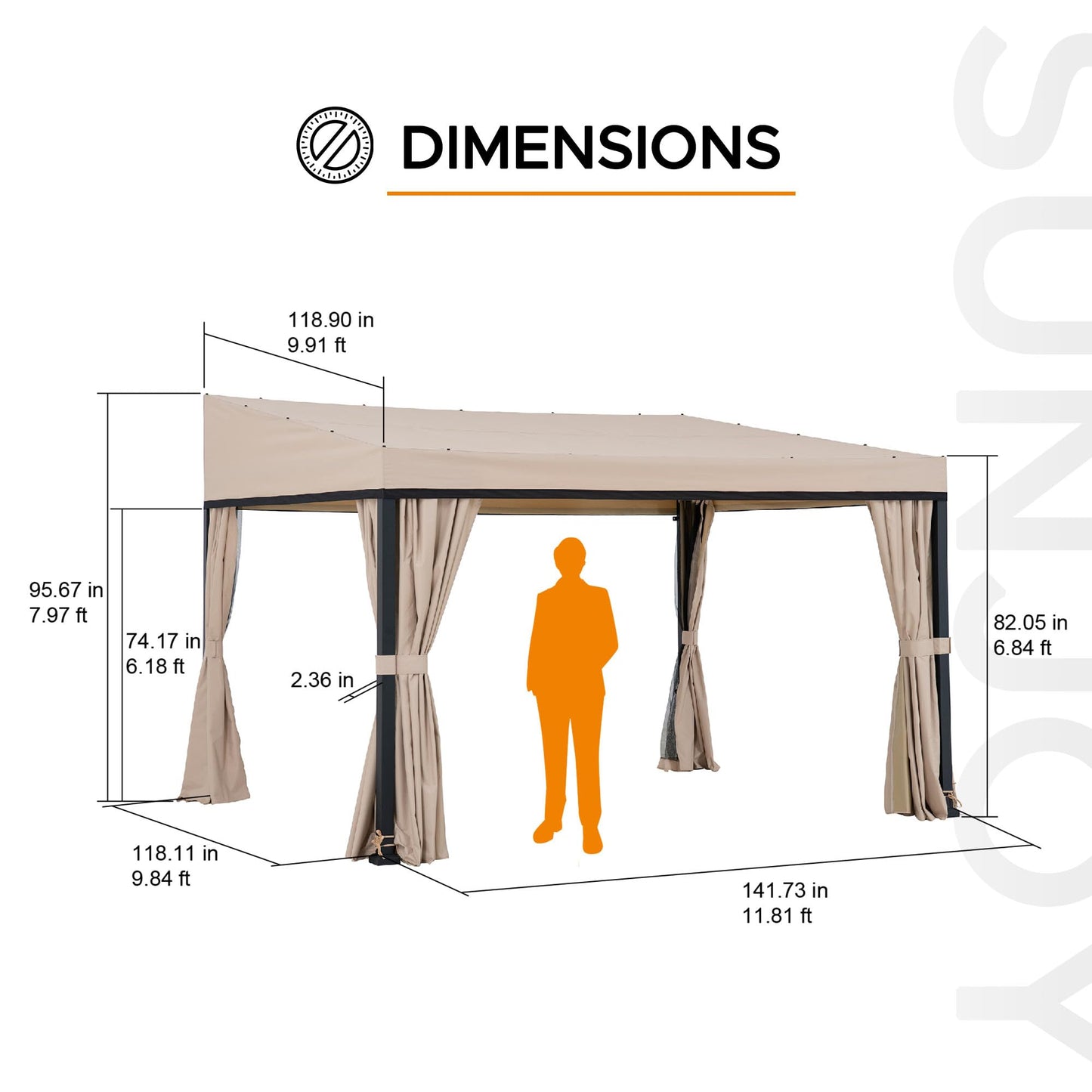 Sunjoy 10 x 12 ft Wall Mounted Gazebo with Weather Resistant Fabric Roof, Black Aluminum & Metal Frame Lean to Gazebo with Curtains and Netting