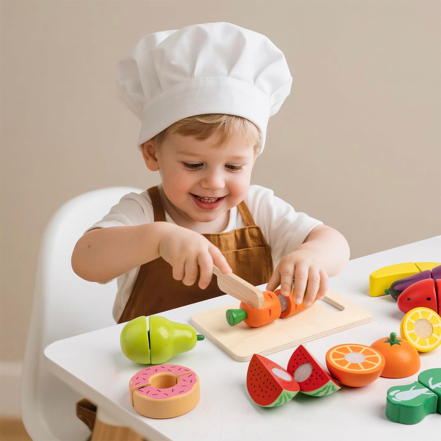 KDSFT Wooden Play Food for Toddlers - 34Pcs Velcro Fruit and Veggies with Basket & Chopping Board, Play Food Sets for Kids Kitchen Accessories, Cutting Fruit Set for Ages 3+