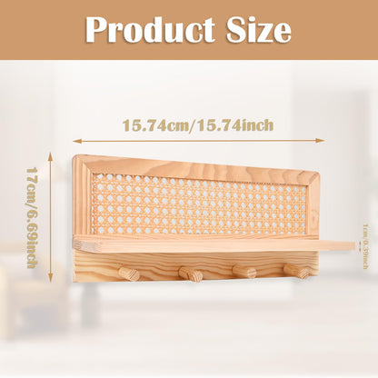 ZELURA Rattan Wall Shelf with Hooks, Boho Entryway Organizer, Floating Storage