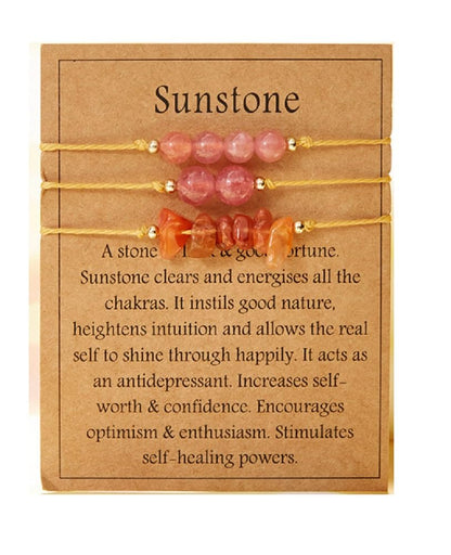 3Pcs Natural Stone Bracelet for Women Men Healing Crystal Chip Bead Bracelets Spiritual Amethyst Rose Quartz Chakra Bracelets Set Anxiety Reiki Energy Power Healing Crystals Jewelry( Sunstone)
