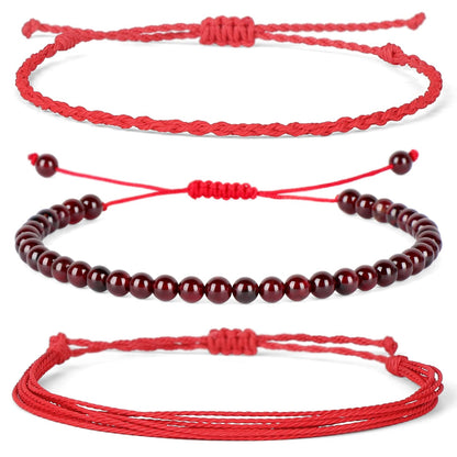 QOGIR Handmade Healing Bracelets,4mm Natural Red Garnet Gem Stone Beads Bracelet for Men Women Gifts with 2PCS Size Adjustable Rope Bracelets