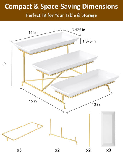 Yedio 3 Tier Serving Tray Set 14 Inch Porcelain Tiered Serving Platters, Collapsible Sturdier Stand with Stable Cross Bars, Three Layer Serving for Party Entertaining Food Display Fruit Dessert