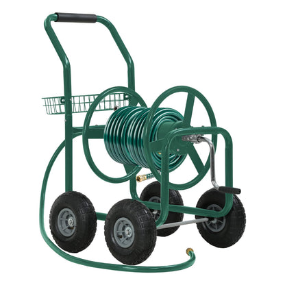 FDW Garden Hose Reel Cart, Water Hose Cart with 4 Wheels, Hold Up to 300 ft of 5/8’’ Hose，Heavy Duty Powder-Coated Steel Planting with Storage Basket, for Garden, Yard and Lawn